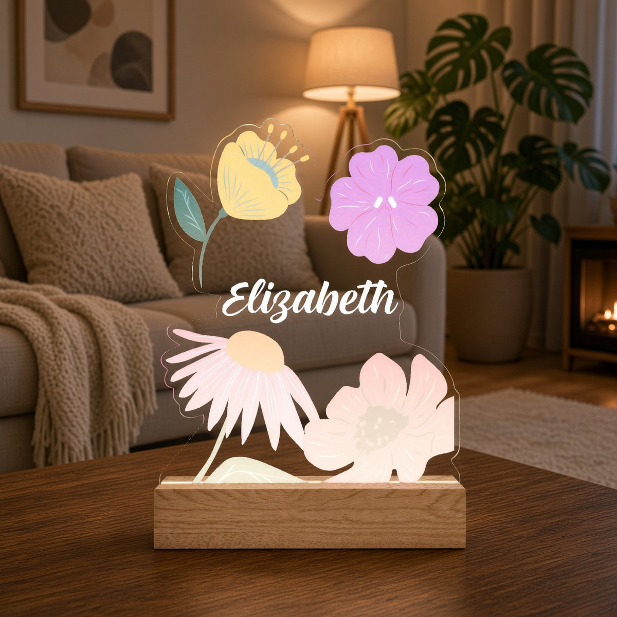 Custom Floral Night Light — Personalized Lamp with Name