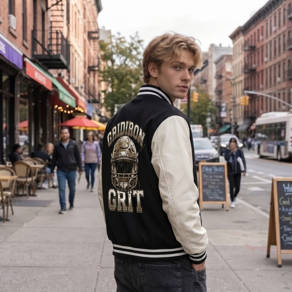 Gridiron Grit Football Theme Two-Tone Fleeced Varsity Jacket