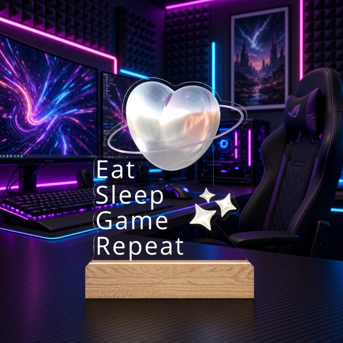 Eat Sleep Game Repeat LED Night Light — Heart Planet Acrylic Lamp