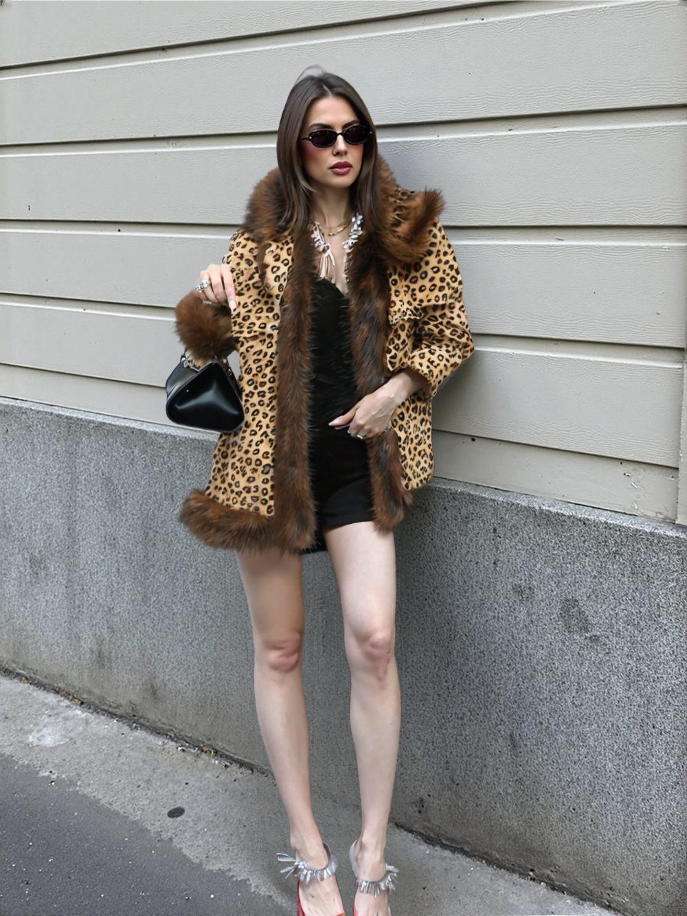 Womens Leopard Print Hooded Faux Fur Collar Jacket