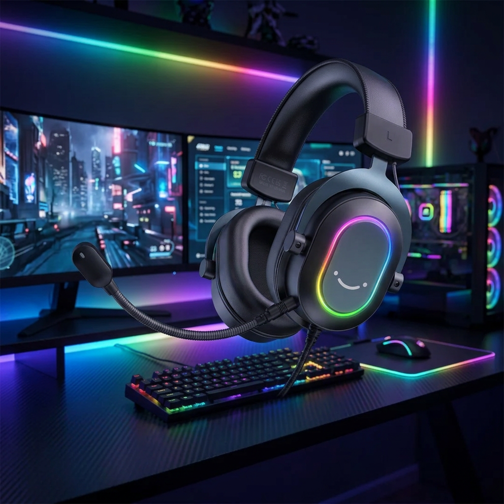 Over-ear gaming headset with a microphone, featuring black color with multicolored RGB lighting and a braided cable.