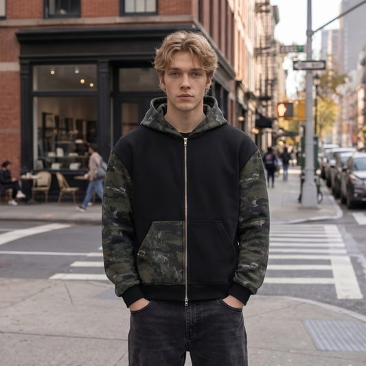 A young man wearing a black and camouflage hooded jacket, leaning against a textured concrete wall with a skateboard partially visible at his side.