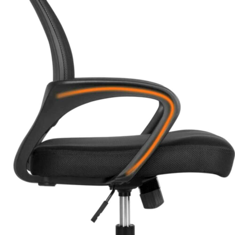 A black mesh office chair with a supportive mid back curve and armrests, set on a five-wheel base with casters.