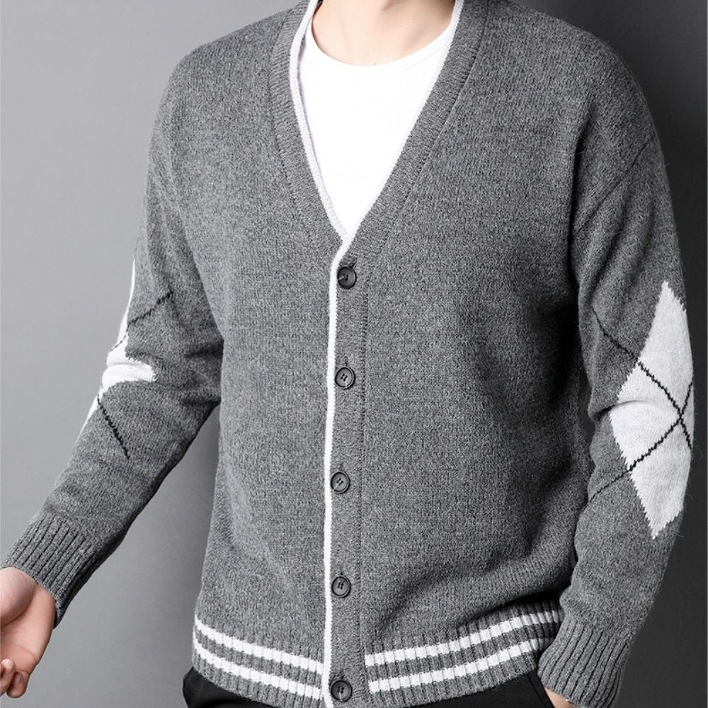 Mens V Neck Cardigan with Criss Cross Elbow Patch