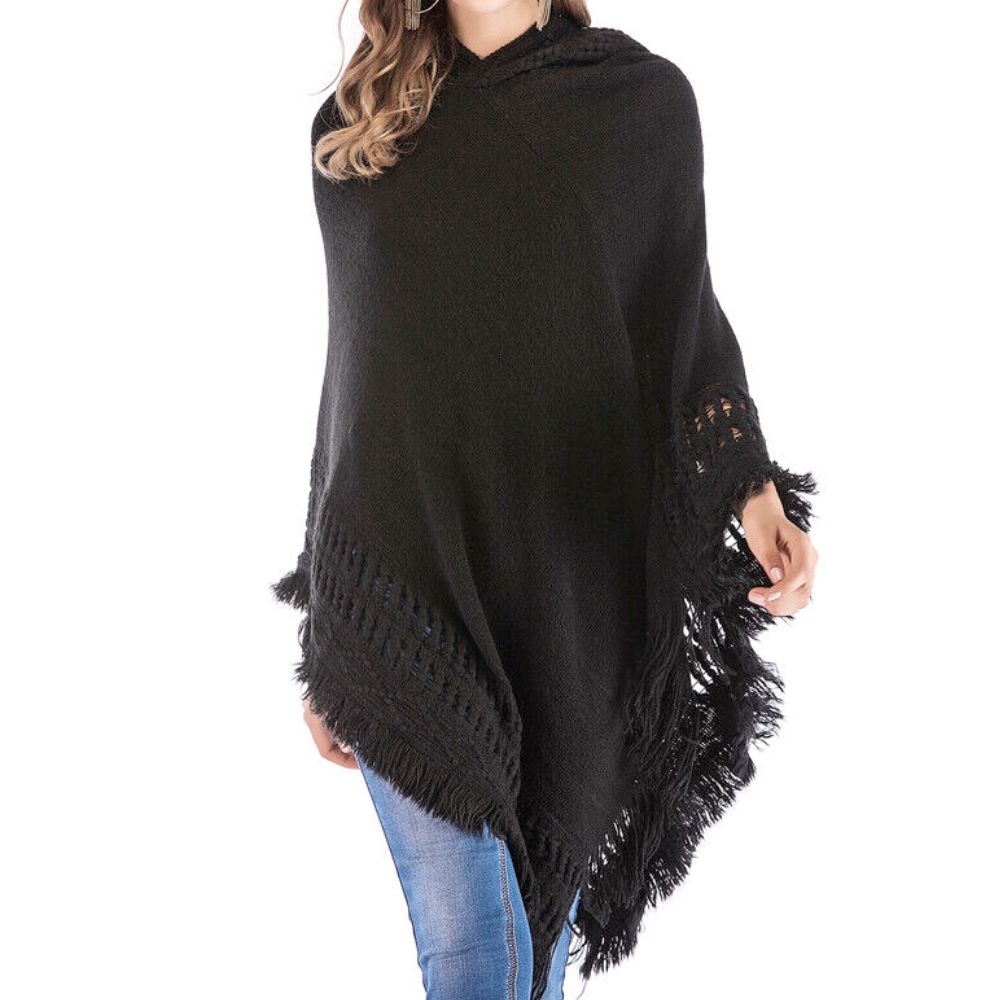 Womens Hooded Poncho with Fringe