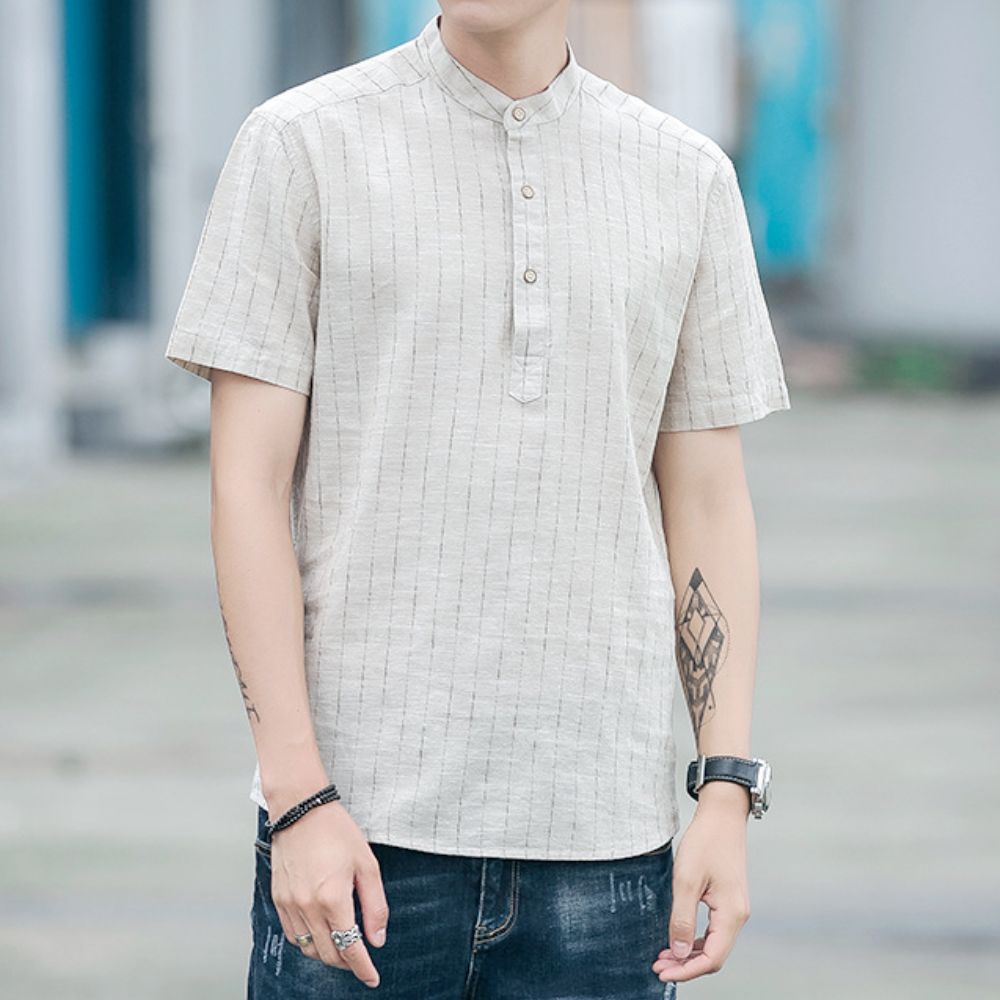 Mens Short Sleeve Striped Linen Top