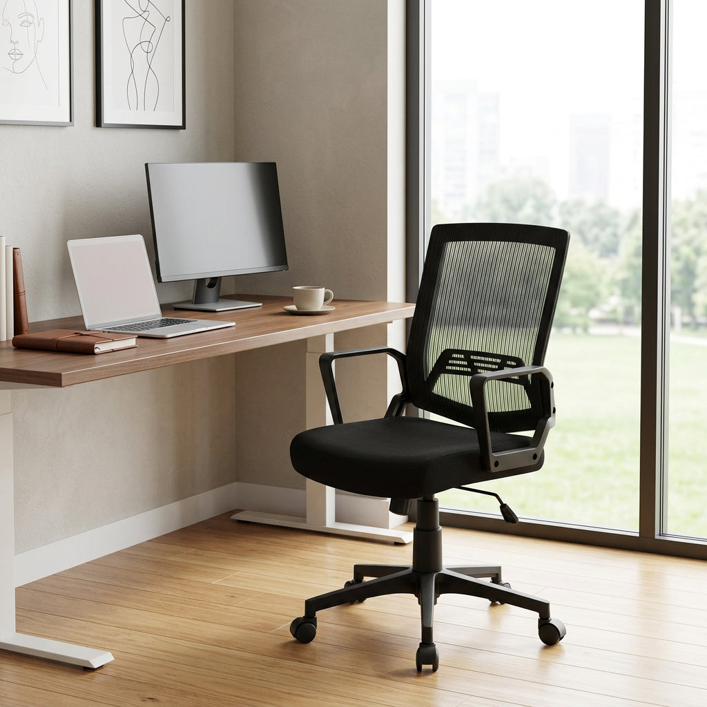 A black ergonomic office reclining mesh chair with a mid-back curve and armrests,