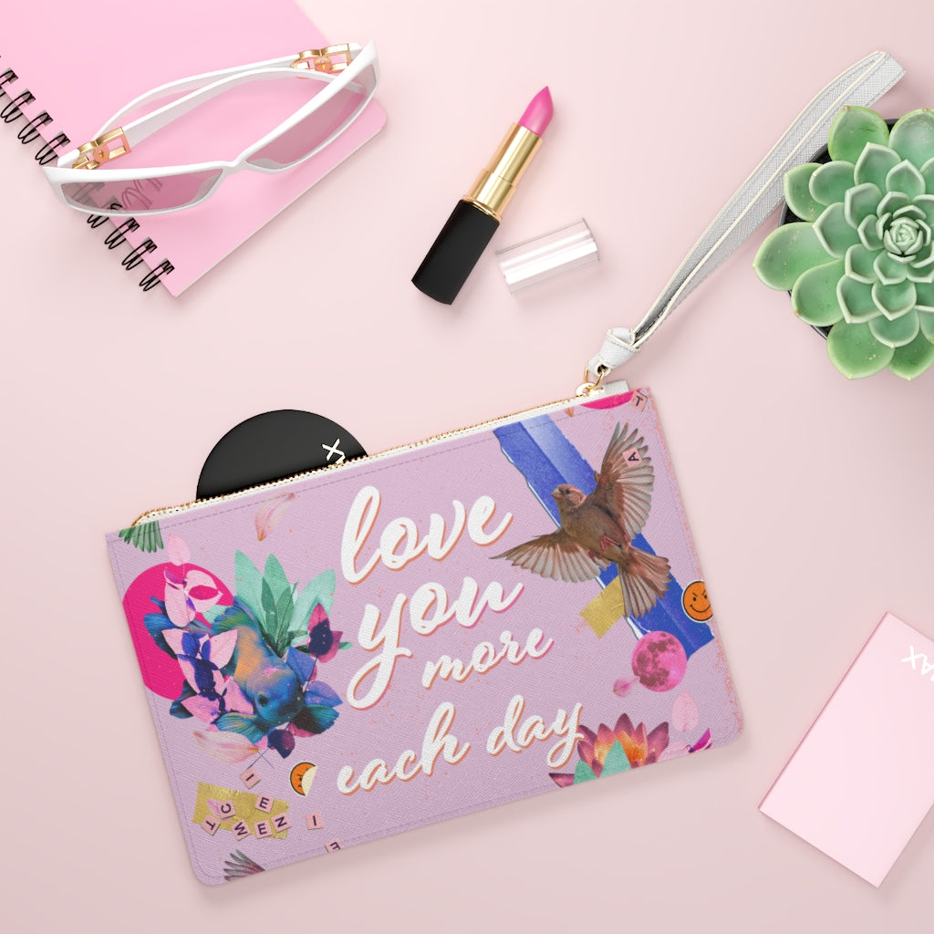 Love You More Each Day Floral Design Vegan Zipped Clutch Bag
