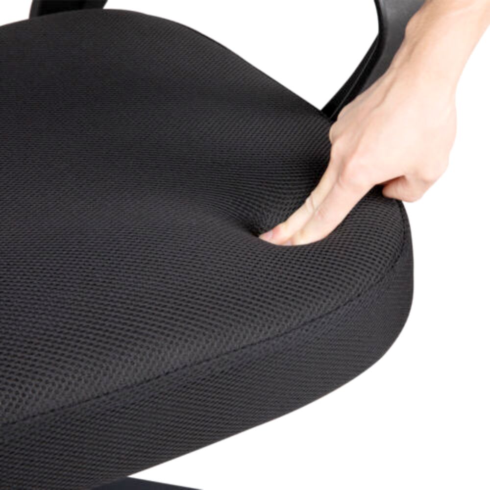 A black mesh office chair with a supportive mid back curve and armrests, set on a five-wheel base with casters.
