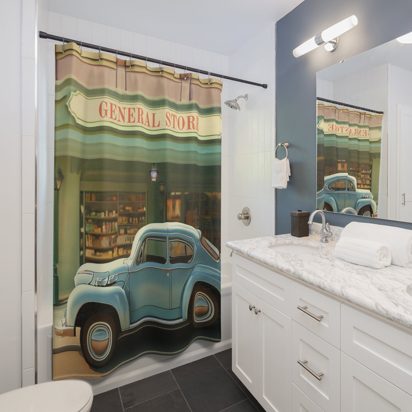 Retro Store with Car Shower Curtains