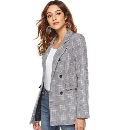 Womens Double Breasted Grey Checkered Blazer