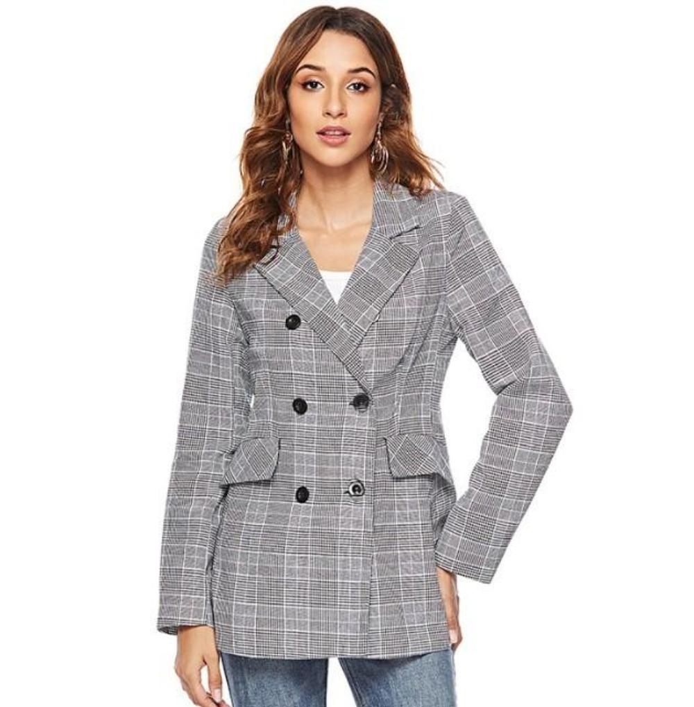 Womens Double Breasted Grey Checkered Blazer