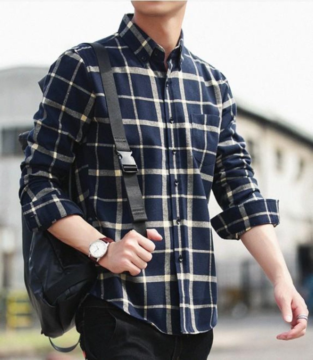 Mens Long Sleeve Checkered Cotton Shirt in Beige