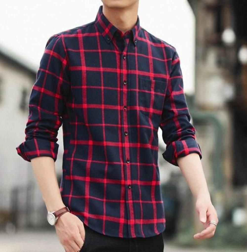 Mens Long Sleeve Checkered Cotton Shirt in Beige