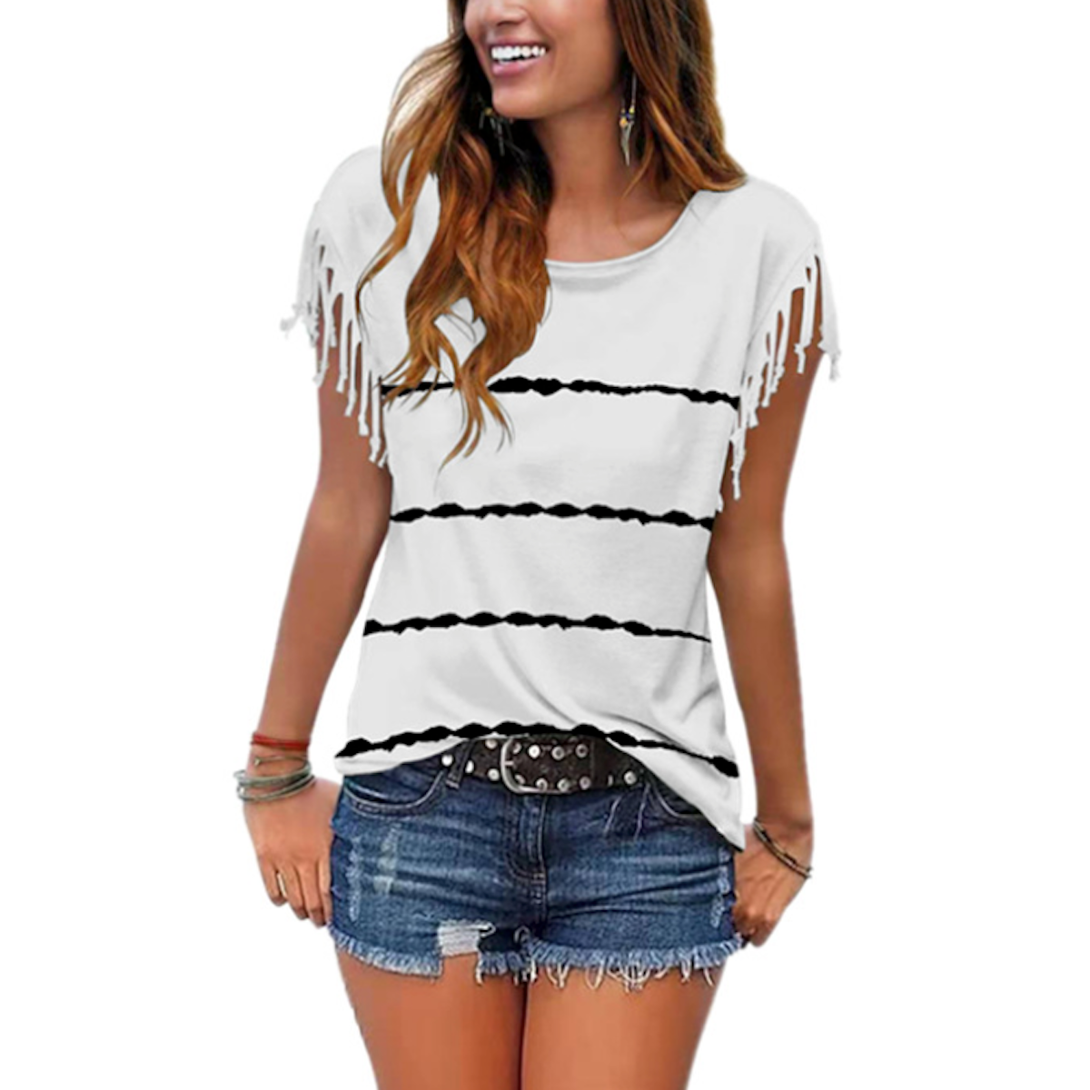 Womens Striped T-Shirt with Fringe