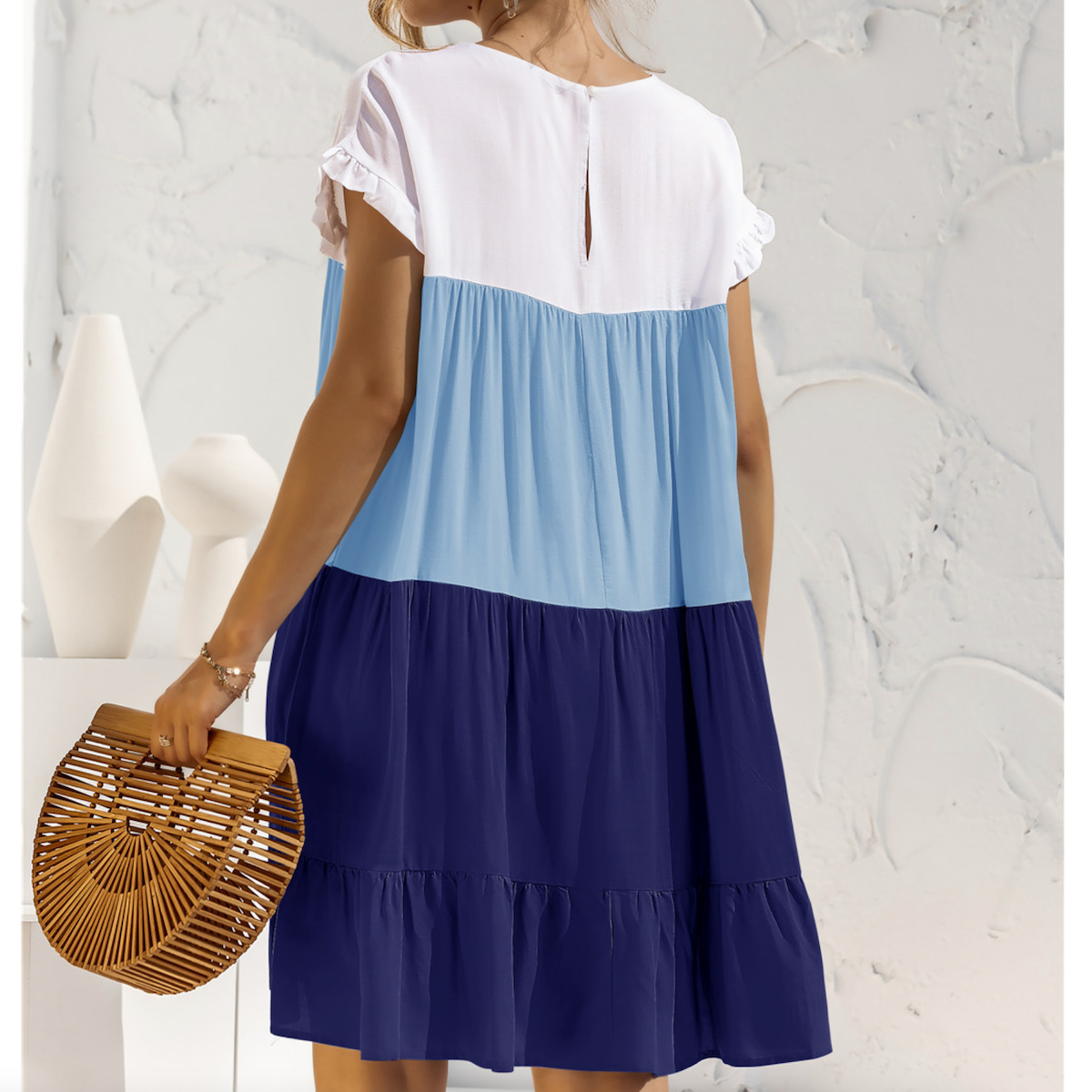 Womens Color Block Summer Dress with Ruffle Sleeve
