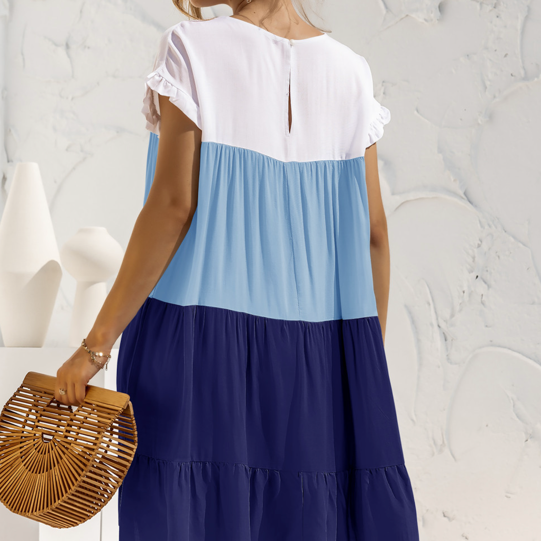 Womens Color Block Summer Dress with Ruffle Sleeve