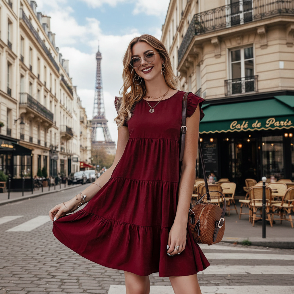 Womens Flowy Dress with Cap Sleeves in Green