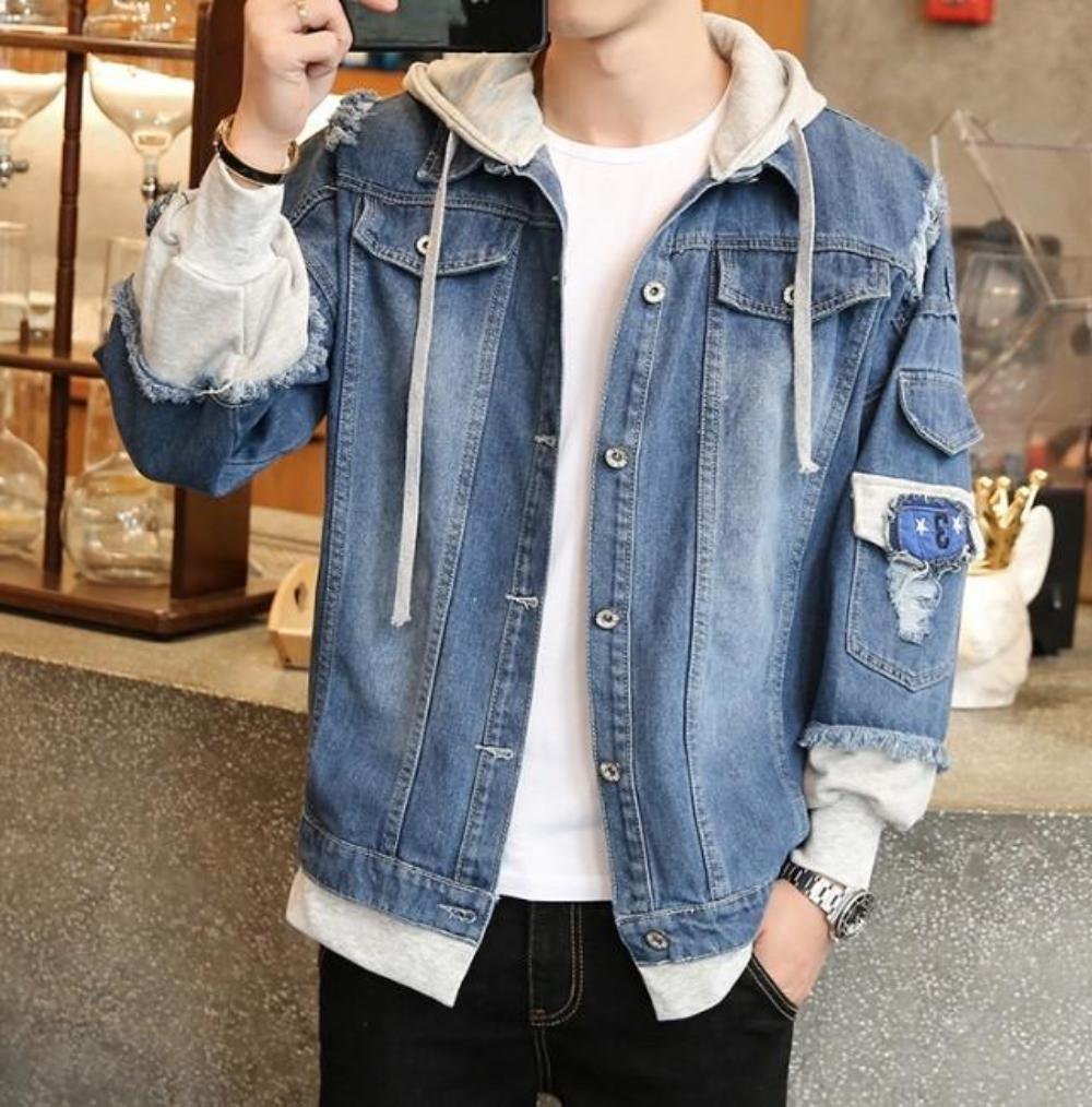Mens Hooded Layered Look Denim Jean Jacket