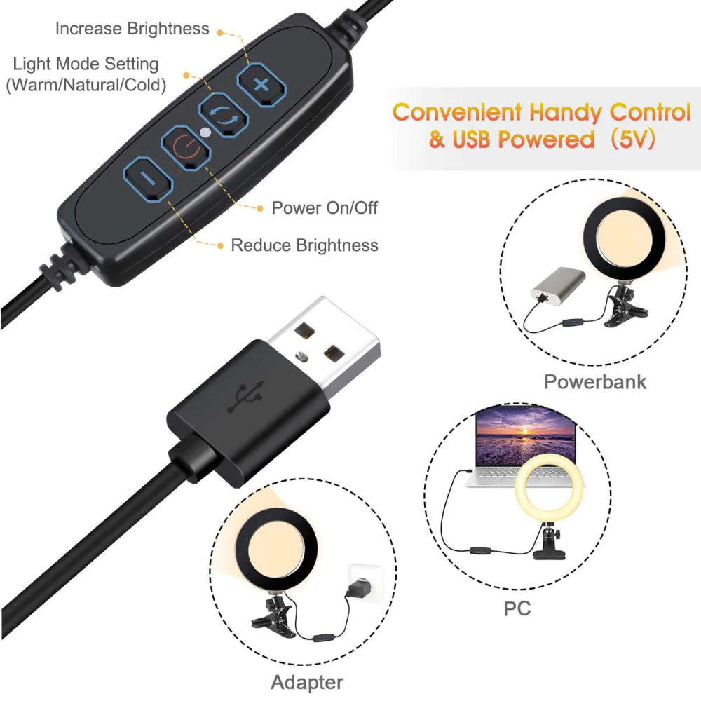 USB-powered LED light with control panel and usage examples on a white background