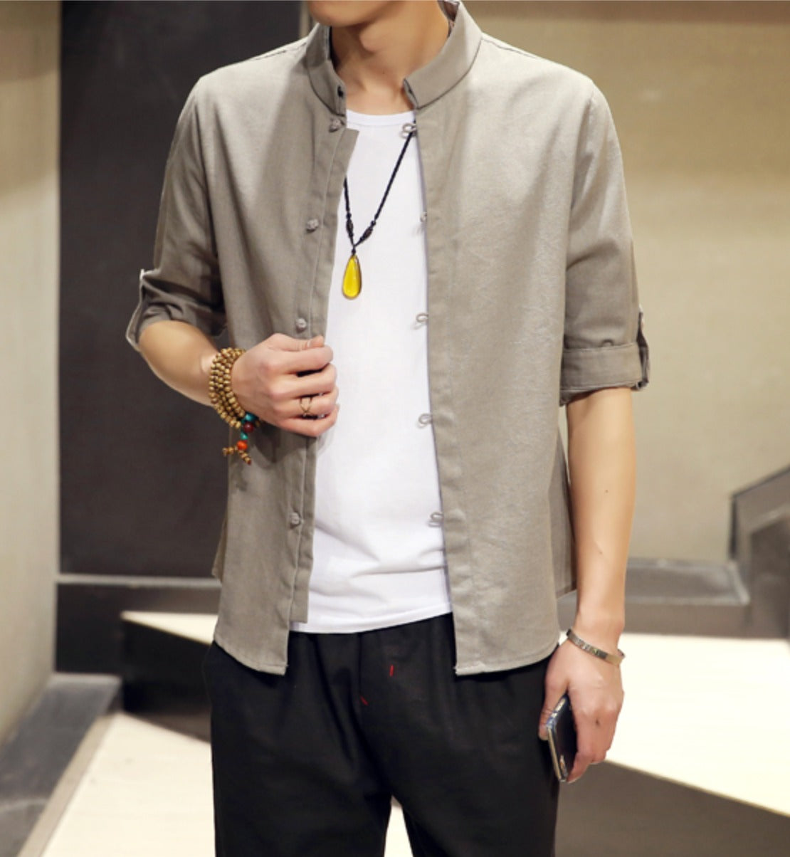 Mens Stand Collar Quarter Sleeve Shirt