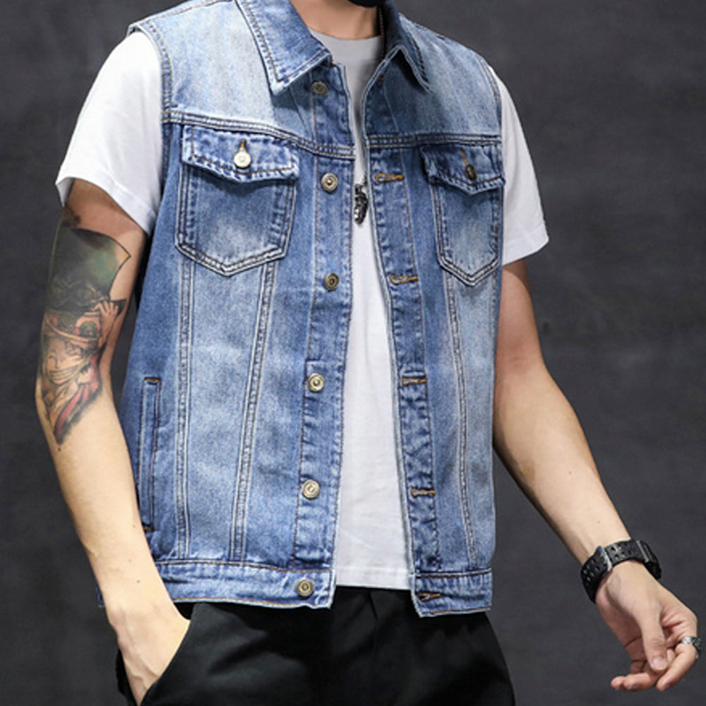 Mens Faded Button Up Denim Vest