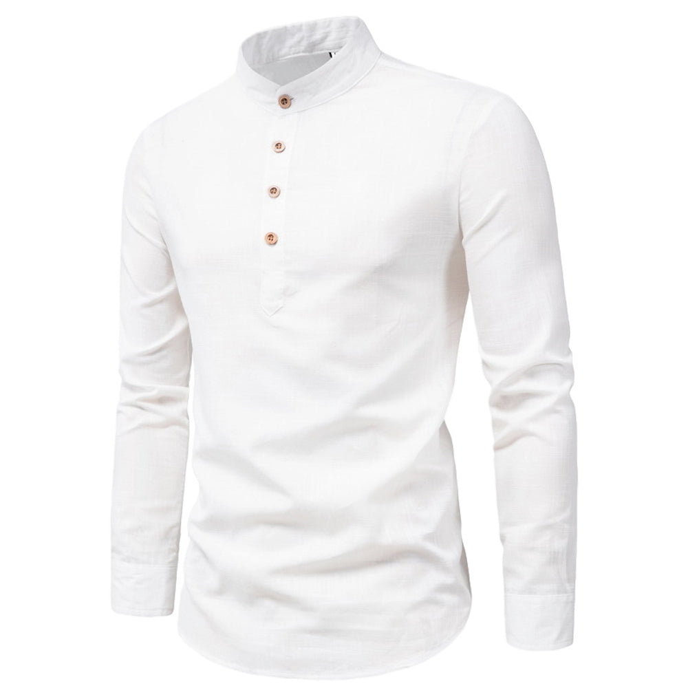 Mens Round Collar Half Button Up Linen Shirt