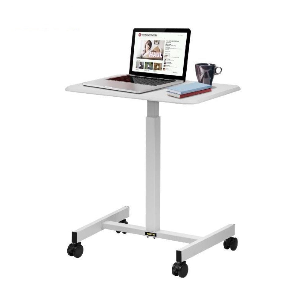 Adjustable laptop rolling desk with lockable wheels, displayed with a laptop, a coffee mug, and a book on top, against a white background.