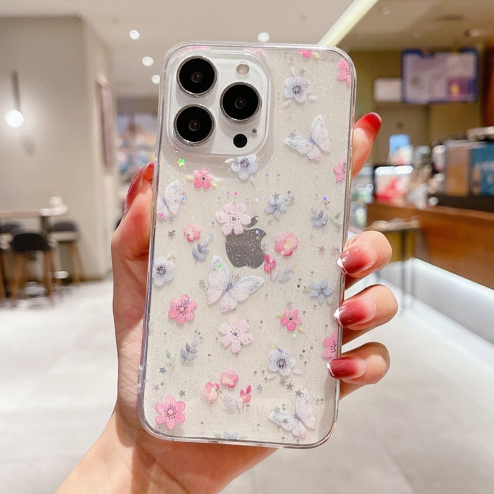 Glitter Clear Case for iPhone with Butterflies