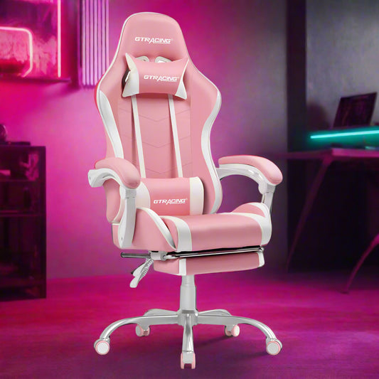 Pink gaming chair with white accents in a room with pink lighting