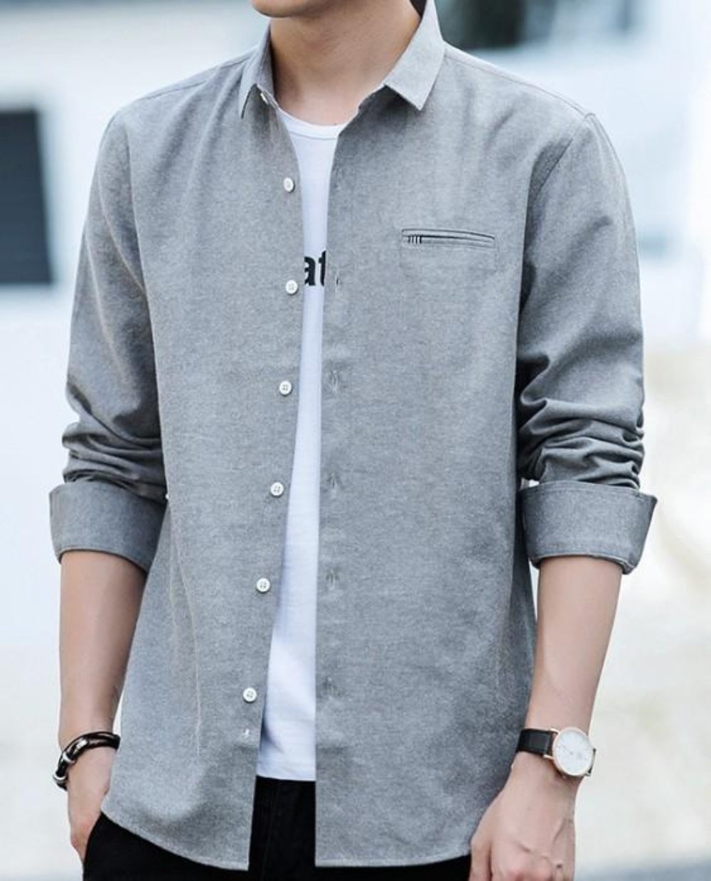 Mens Casual Long Sleeve Button Front Shirt