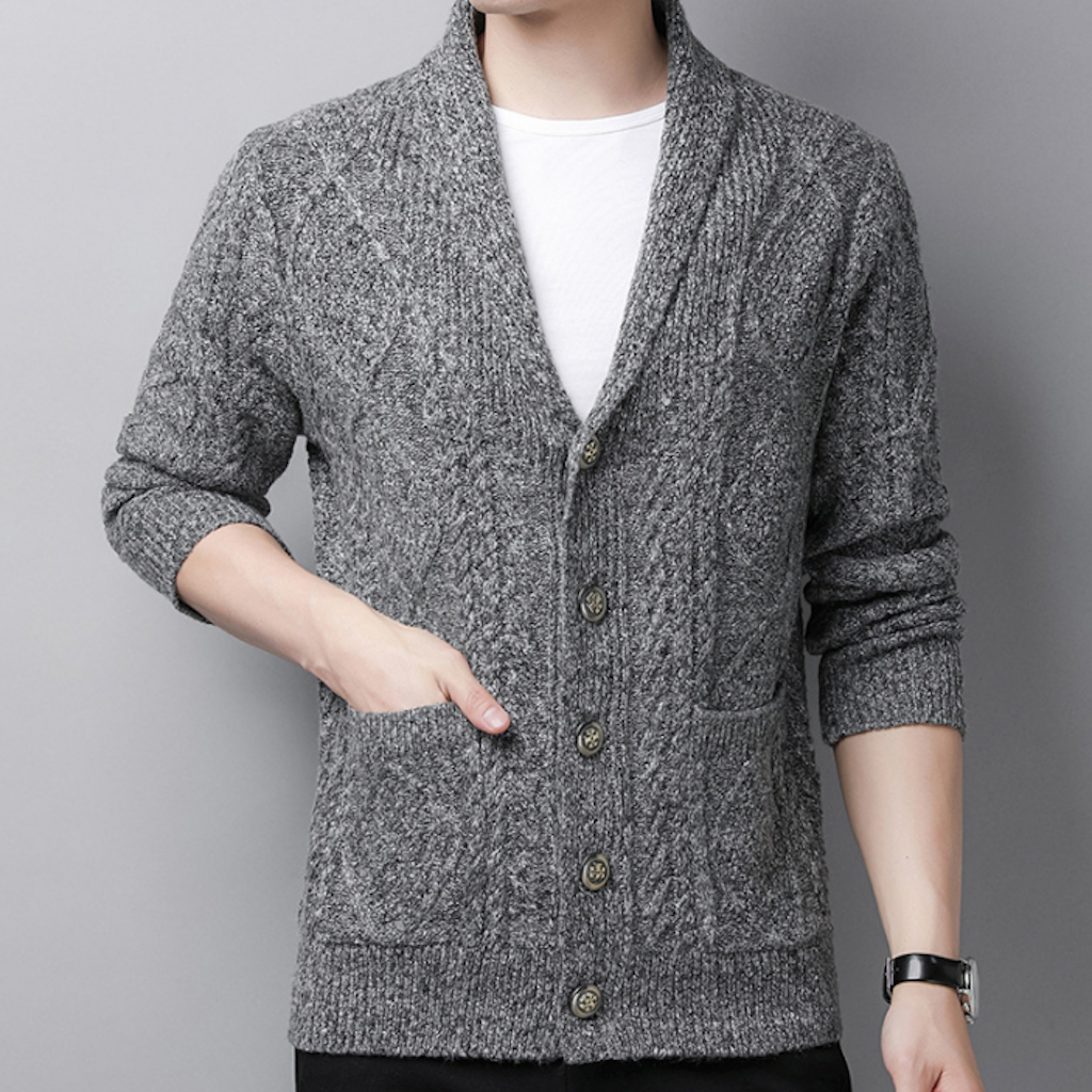 Mens Cable Knit Shawl Collar Cardigan
