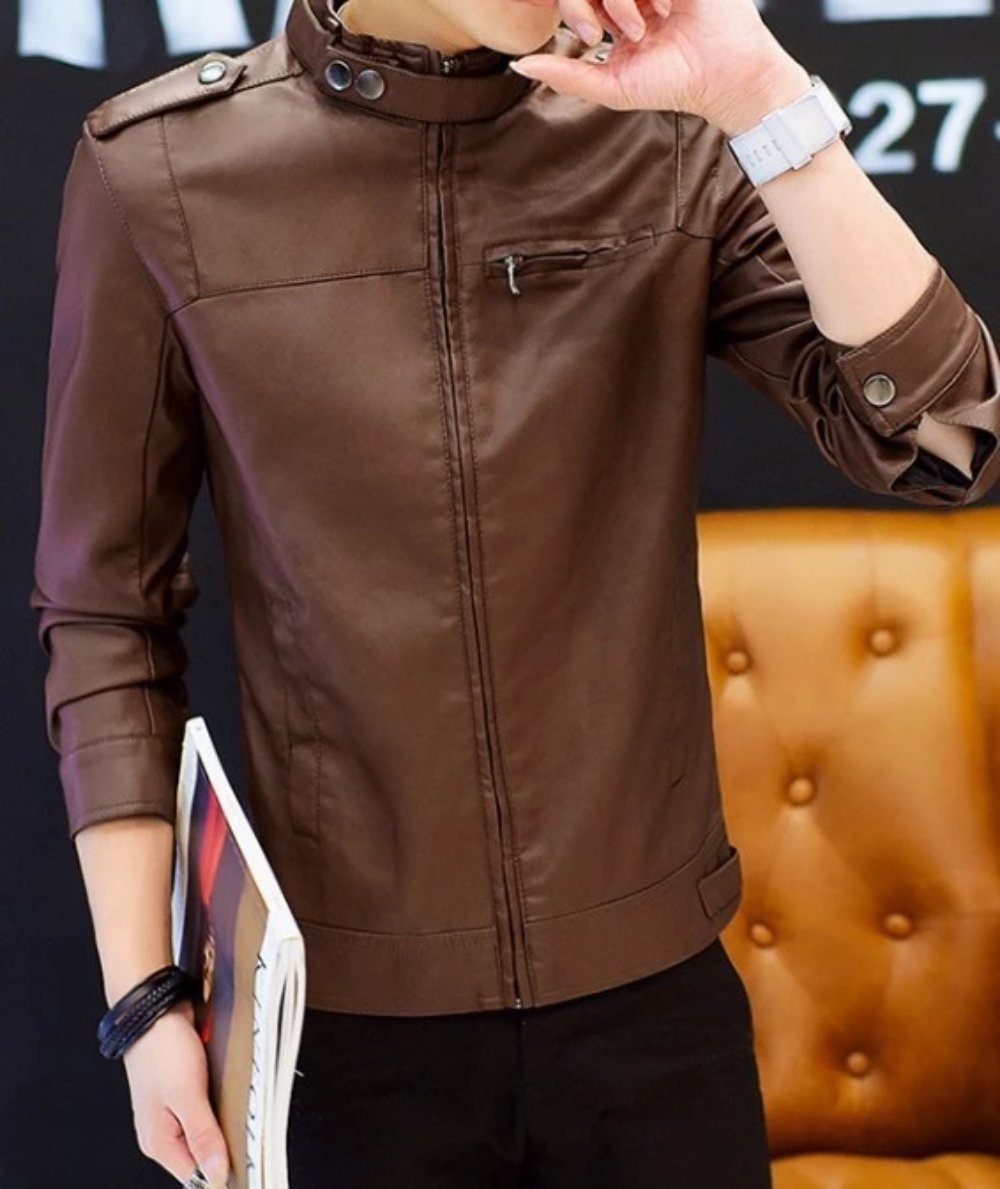 Mens Stand Collar Faux Leather Biker Jacket