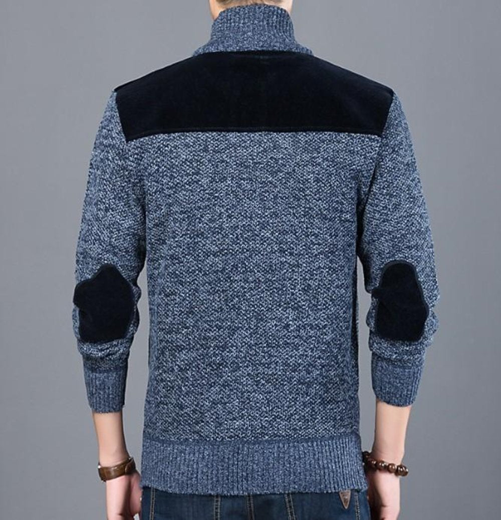 Mens Zipped Up Cardigan with Elbow Patch in Blue