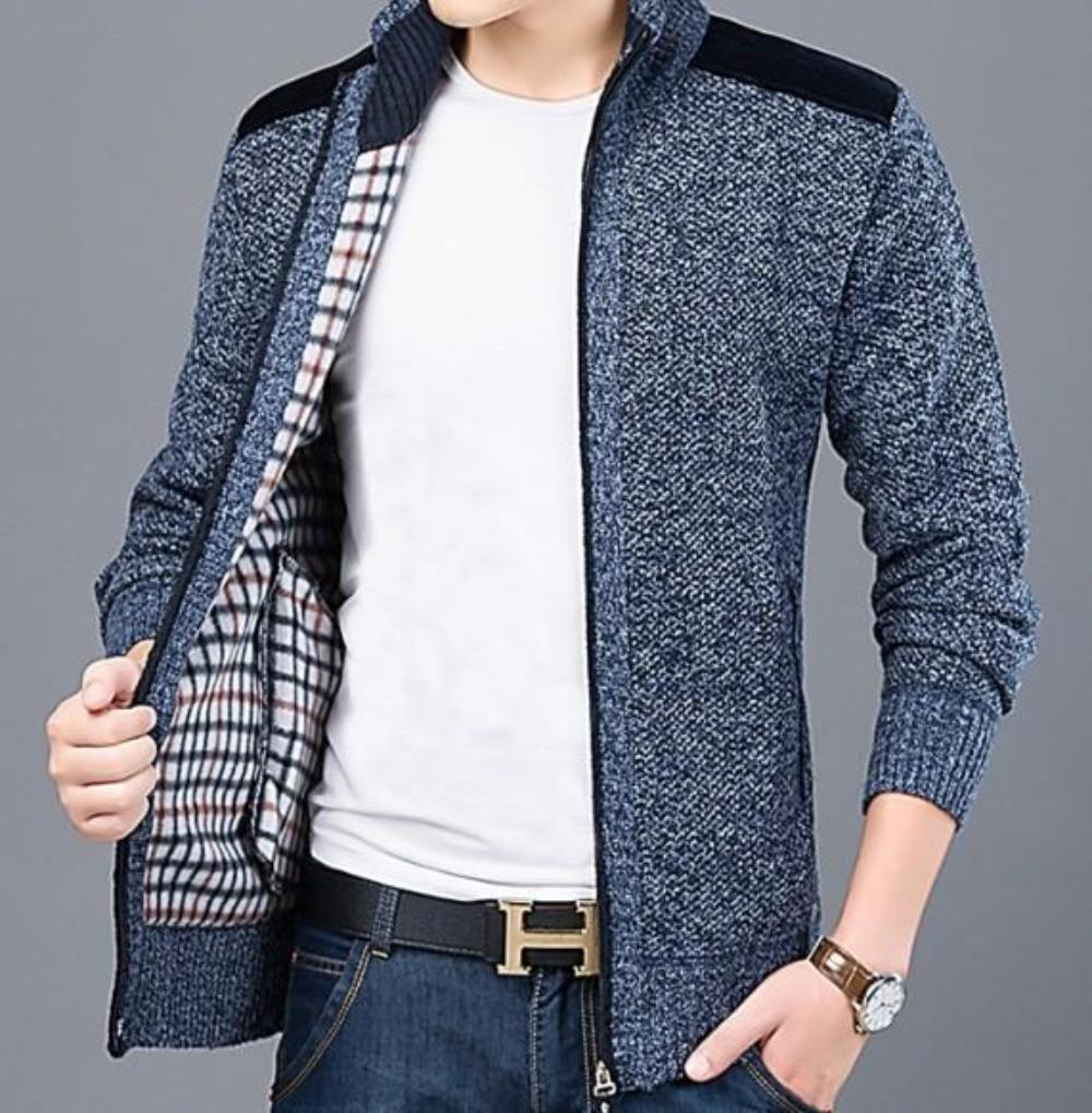 Mens Zipped Up Cardigan with Elbow Patch in Blue