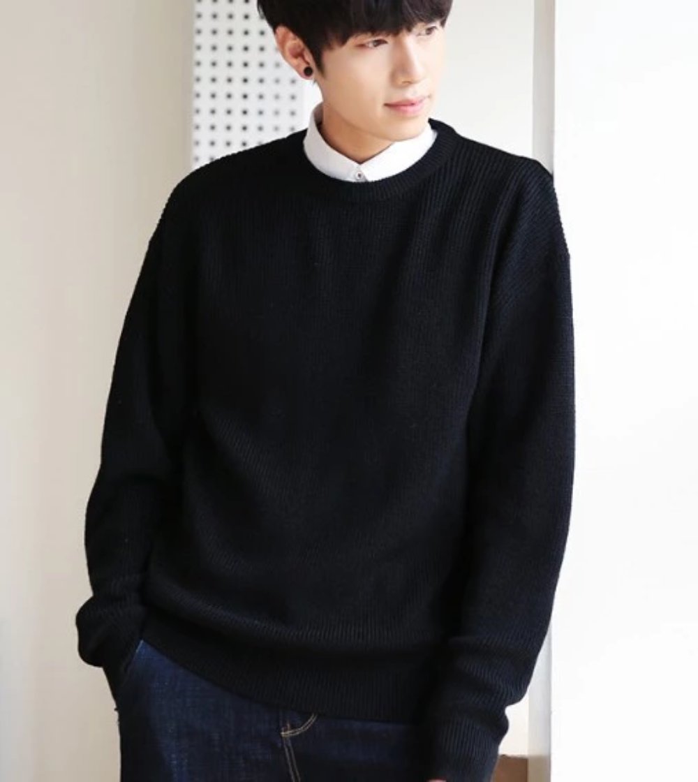 Mens KPOP Style Crew Neck Loose Fit Sweater