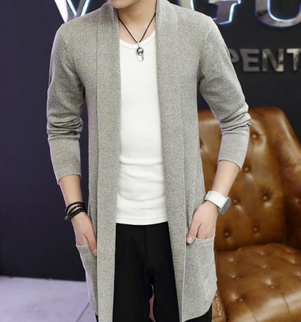 Mens Mid Length Shawl Collar Cardigan in Red