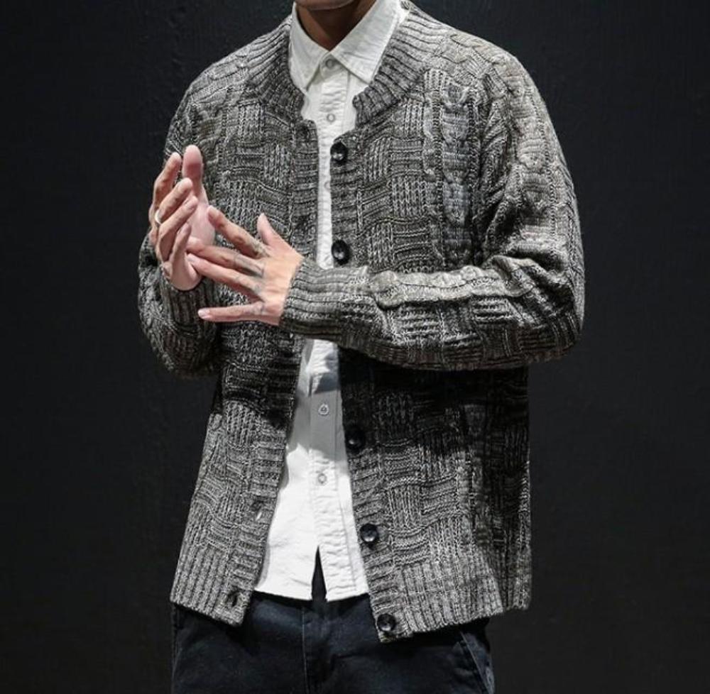 Mens Crew Neck Button Front Cardigan in Gray