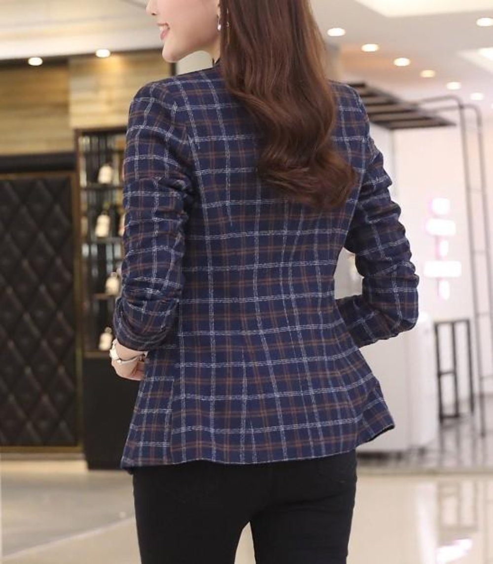 Womens Single Button Slim Fit Checkered Blazer