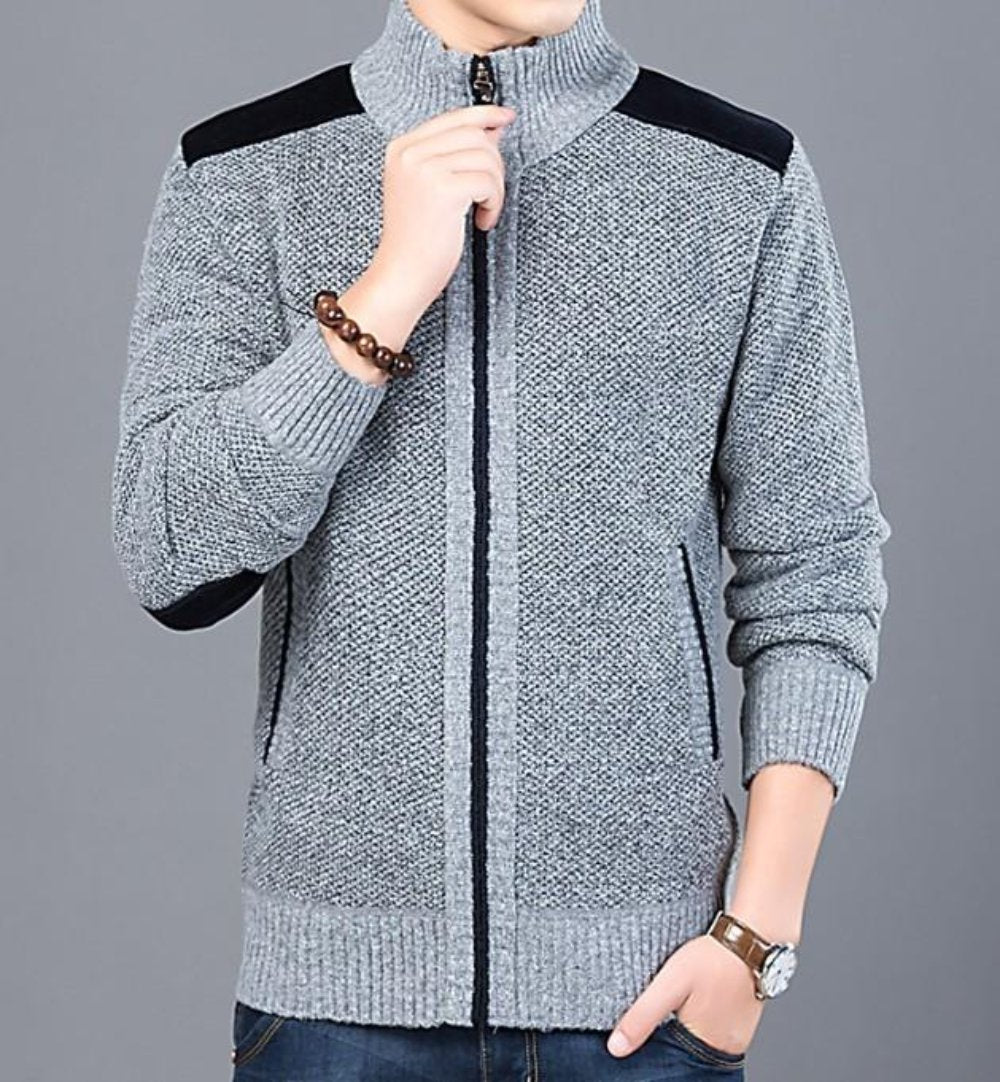 Mens Zipped Up Cardigan with Elbow Patch in Blue