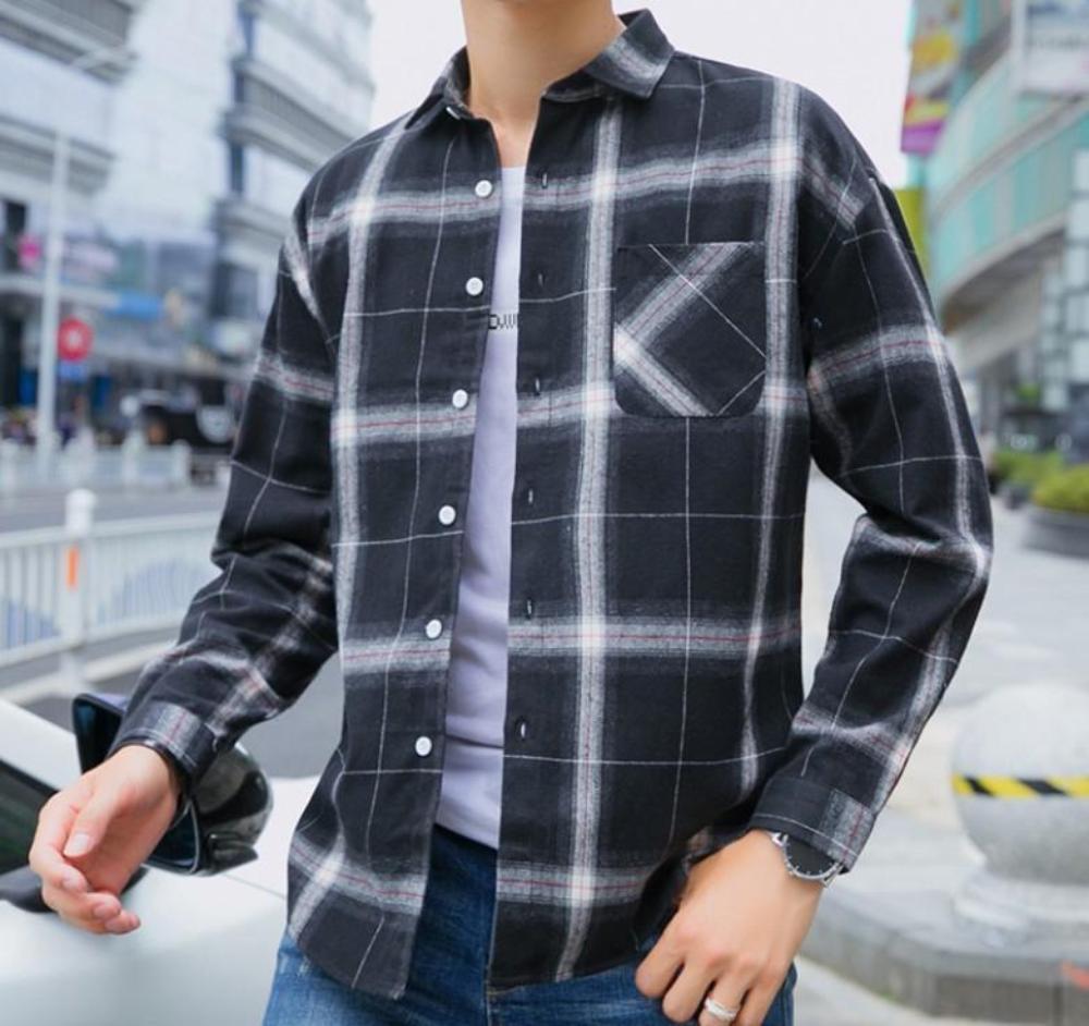 Mens Casual Long Sleeve Button Front Plaid Shirt in Gray