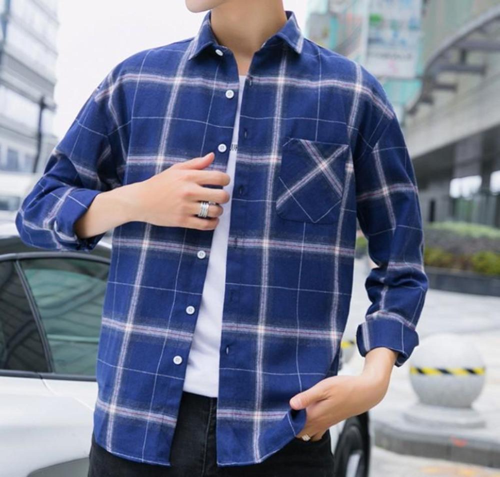 Mens Casual Long Sleeve Button Front Plaid Shirt in Gray
