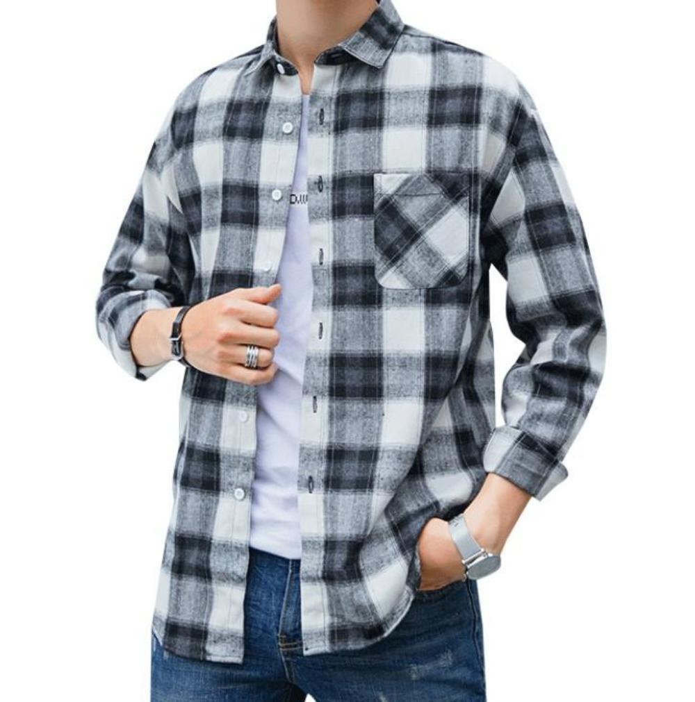 Mens Casual Long Sleeve Button Front Plaid Shirt in Gray