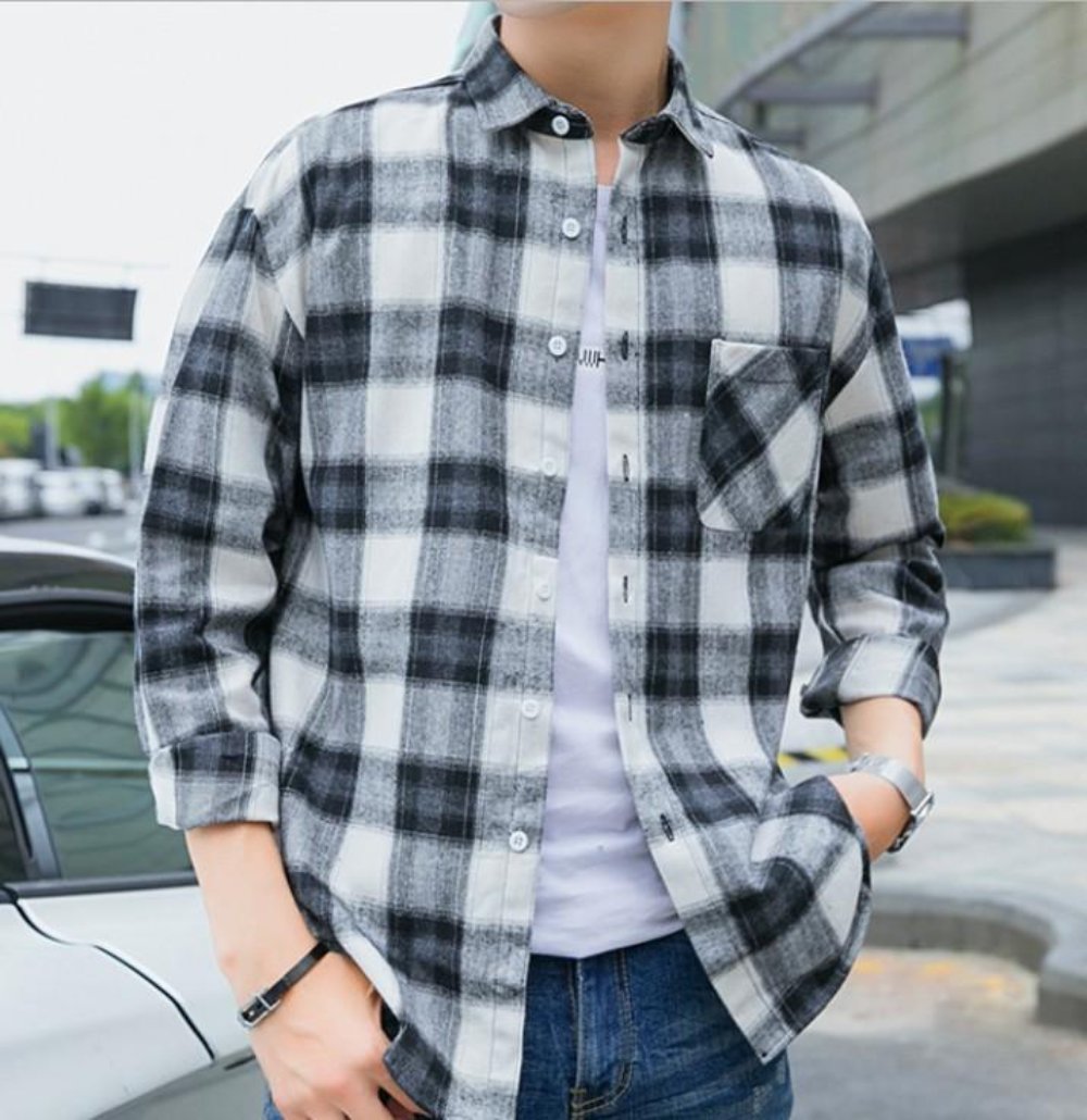 Mens Casual Long Sleeve Button Front Plaid Shirt in Gray