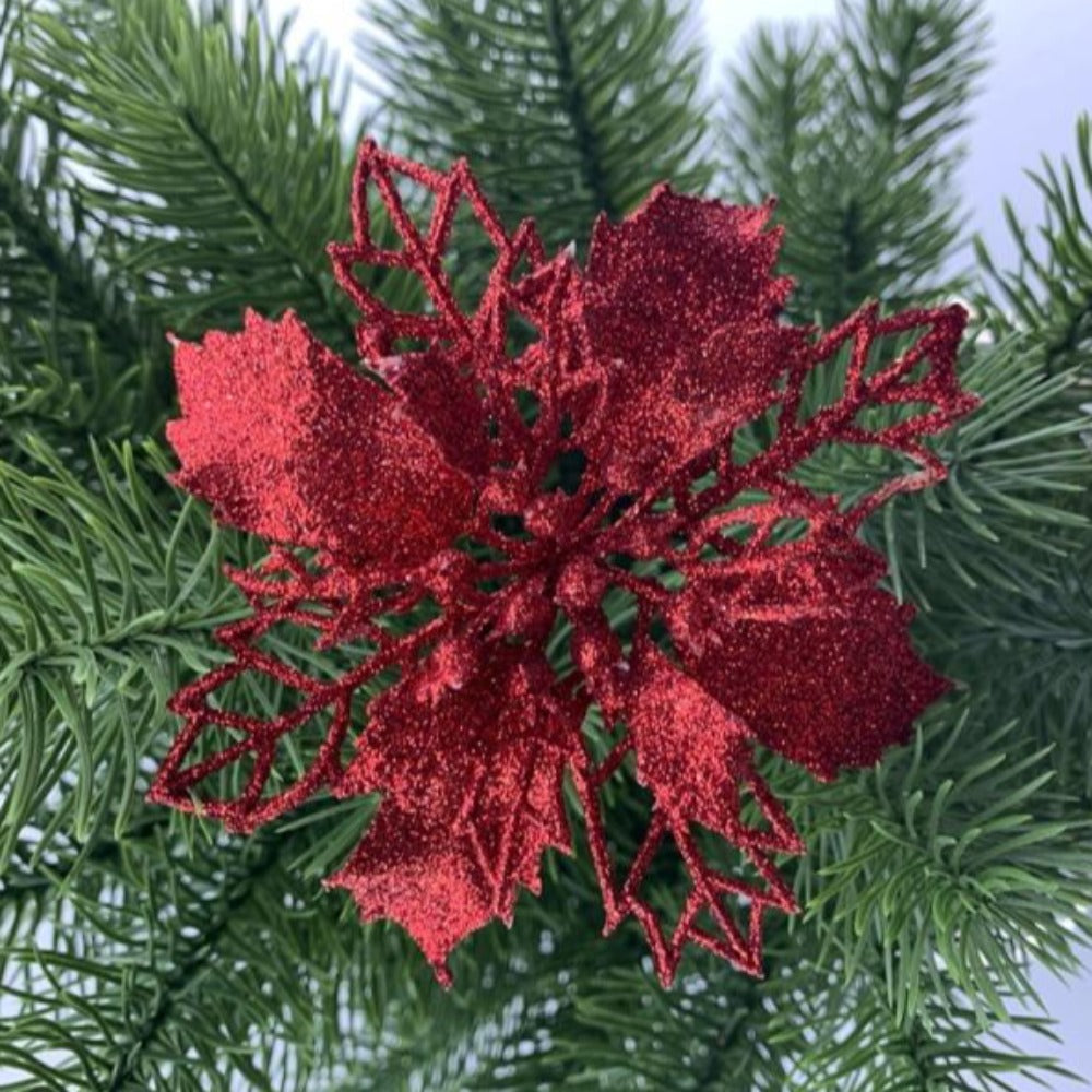 Christmas Tree Decoration Hanging Glitter Flowers 10 Pcs Set