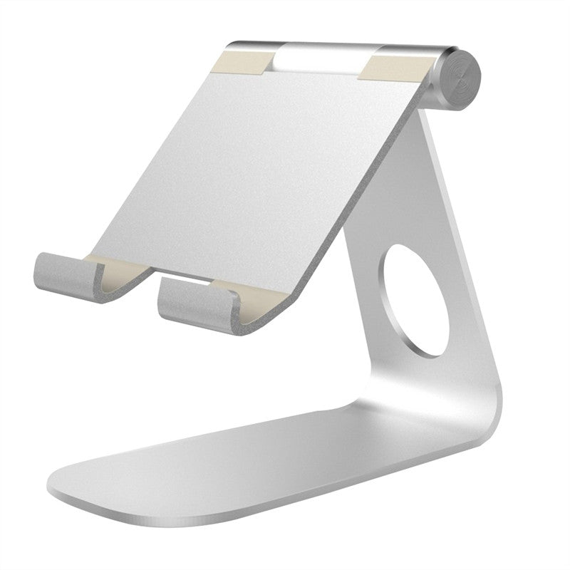 A silver adjustable premium desk stand for tablets and iPads, showing a folded-up holder in a vertical position.