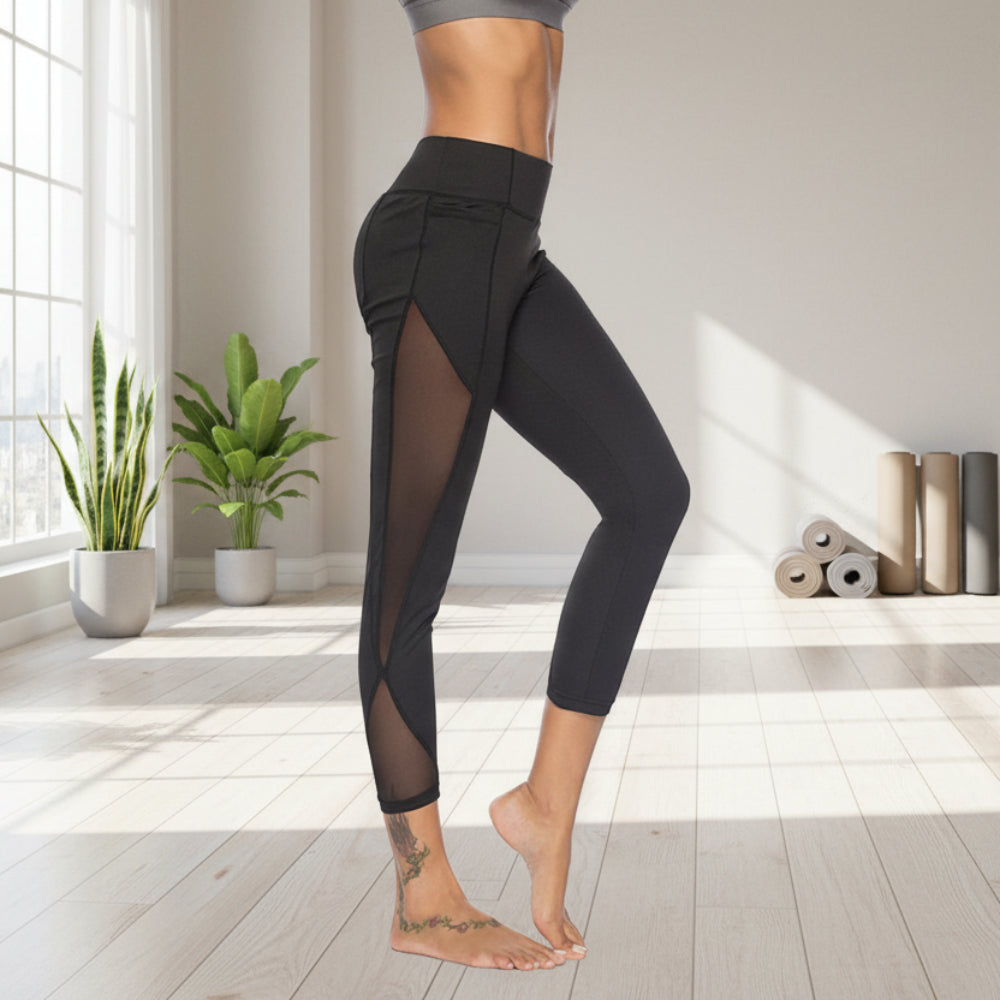 Womens Elastic Waist Mesh Workout Yoga Leggings with Lace Details