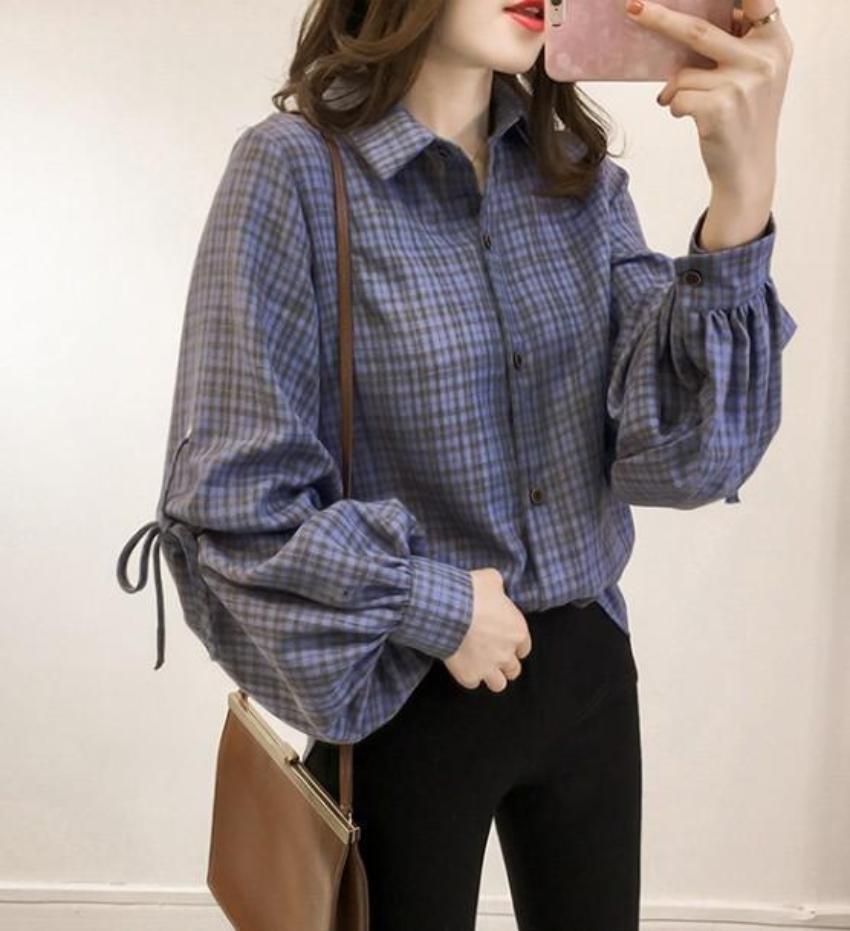 Womens Plaid Shirt with Bell Sleeves