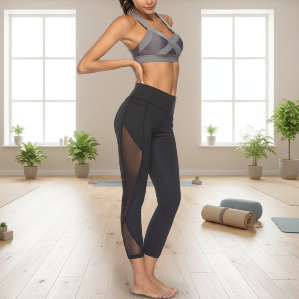 Womens Elastic Waist Mesh Workout Yoga Leggings with Lace Details