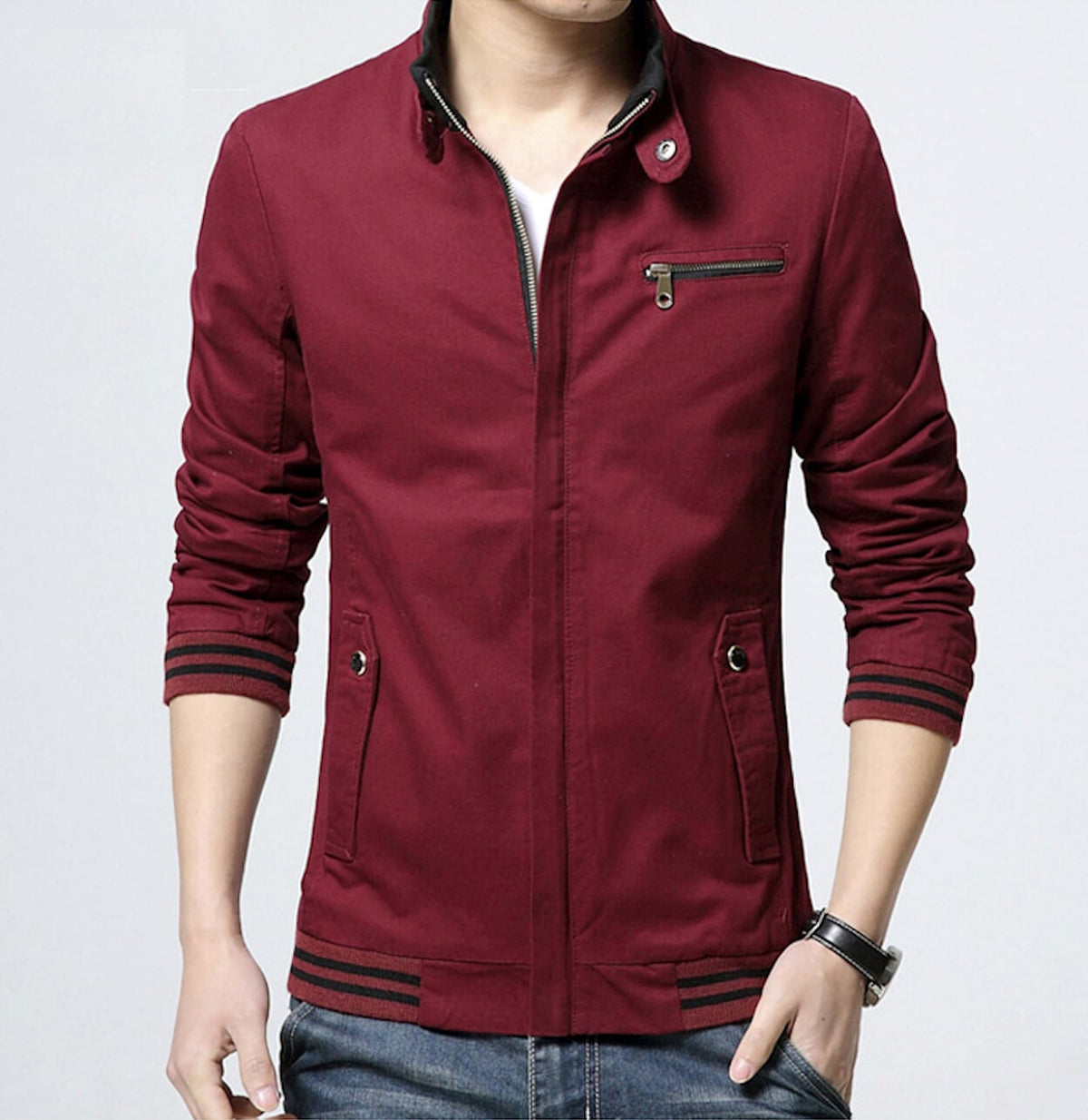 Mens Black Stand Collar Zipper Jacket